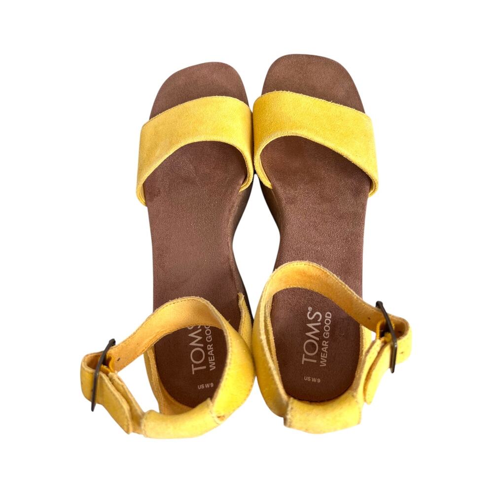 TOMS Laila Cork Platform Sandal in Yellow Suede Ankle Strap 3" Heel Womens Sz. 9 - Picture 7 of 16